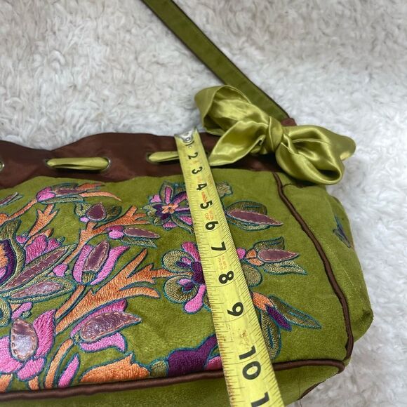 Ipa-Nima fabric green& Brown Floral embroidery medium shoulder bag bohemian look - Picture 10 of 16